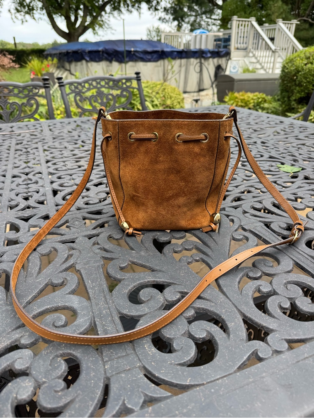 Madewell Brown Suede Mini Drawstring Bucket Crossbody Bag